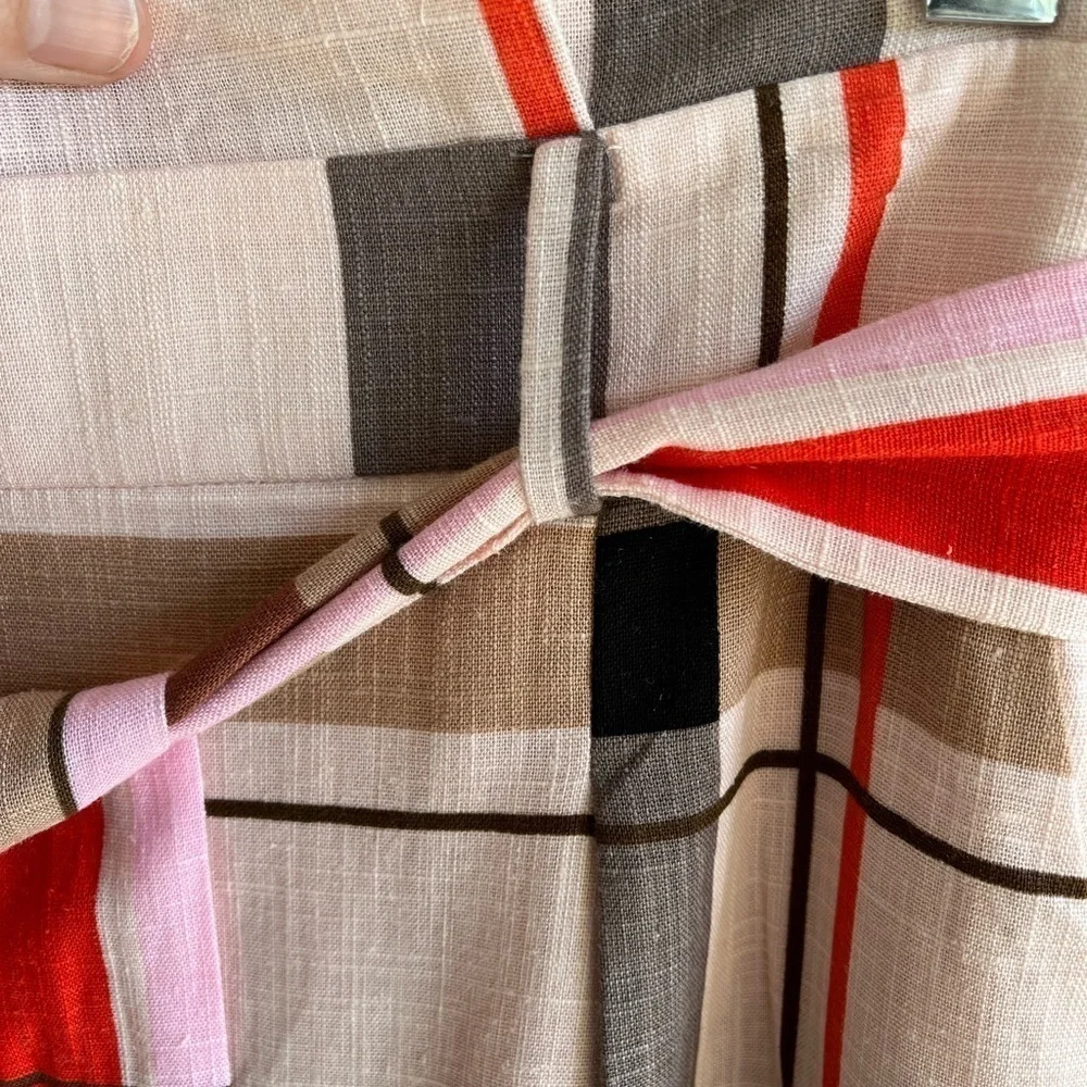 Ann Taylor Linen Blend Multi Colored Plaid Skirt Bow Belted Women’s 8P Pink Tan
